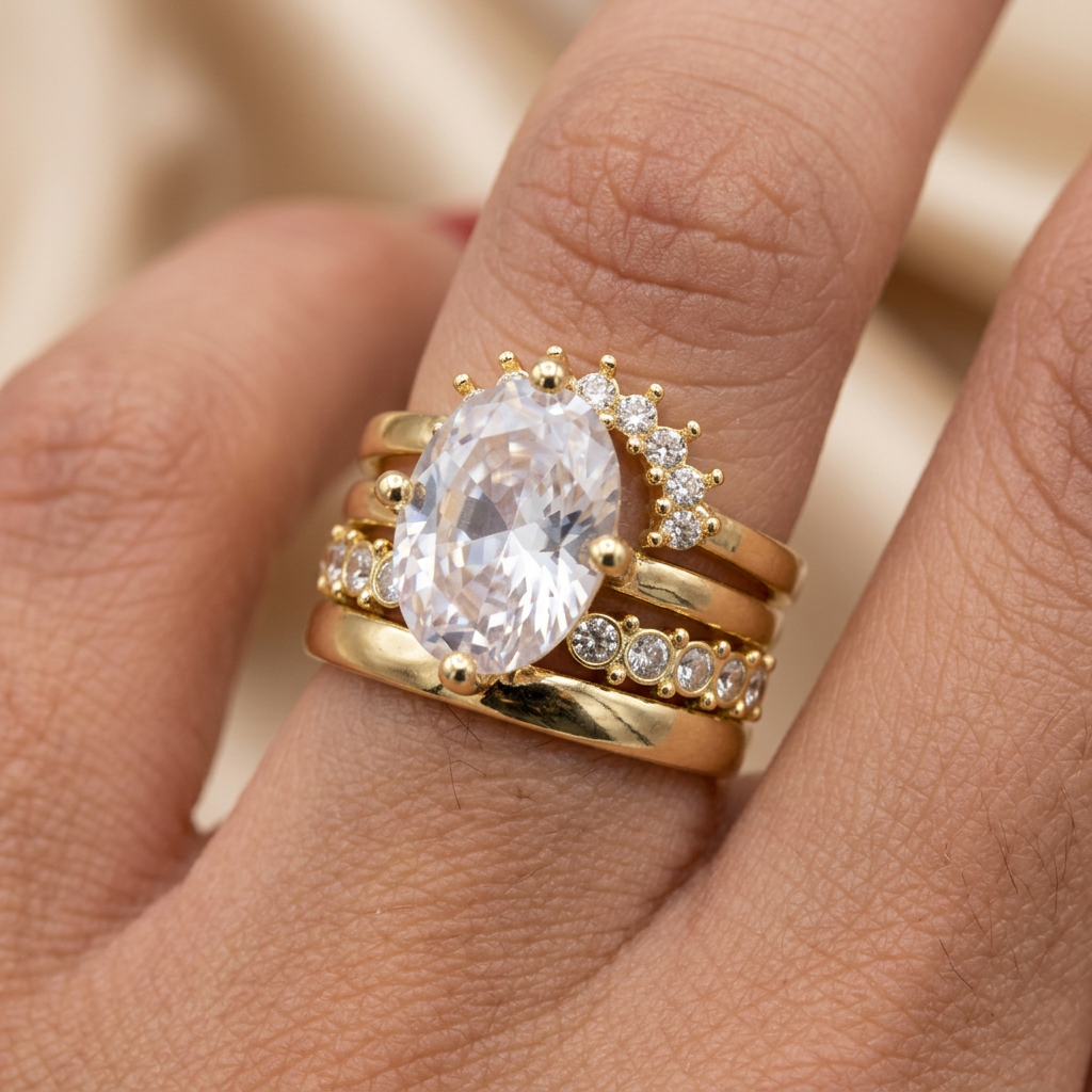 Bague en gros plan sur fond champagne