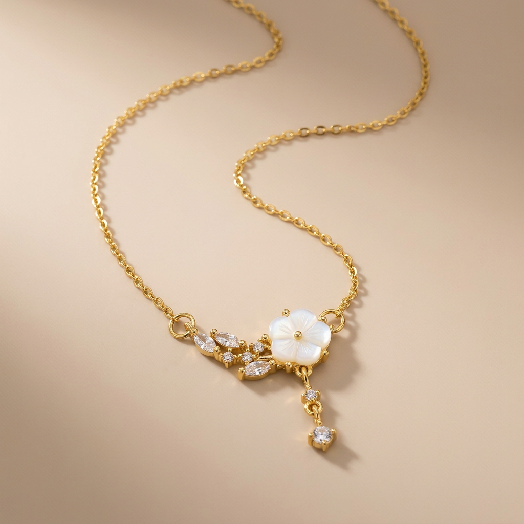 Collier doré avec pendentif fleur blanche, cristaux et petite perle, photo studio sur fond beige
