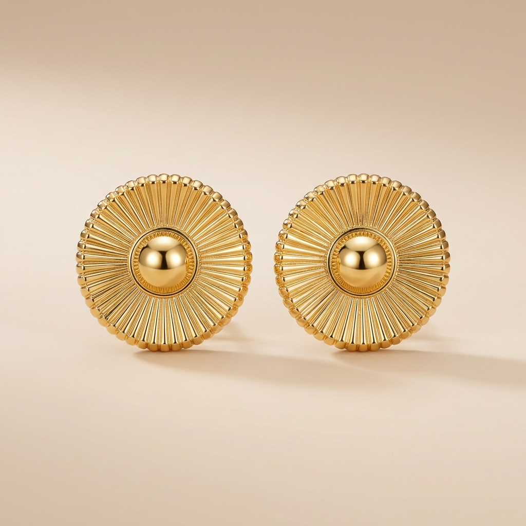 Paire de boucles d'oreilles puces dorées motif soleil, photo studio sur fond beige