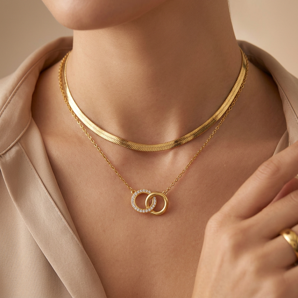 Collier double chaîne doré avec pendentif cercles entrelacés porté au cou